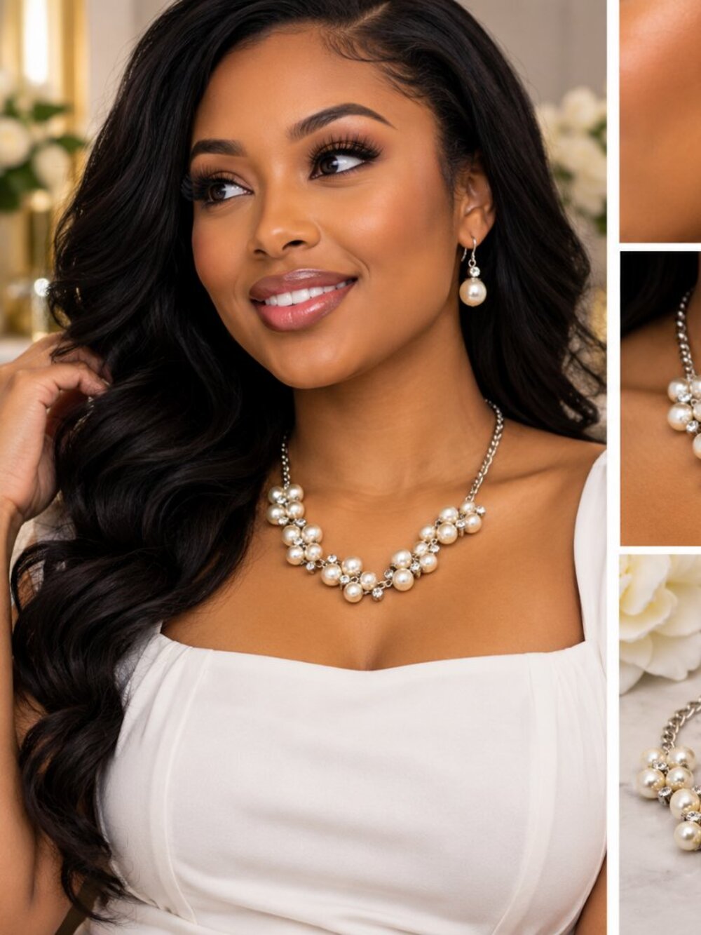 Paparazzi Love Story Faux Pearl Rhinestone Silver-Tone Necklace & Earrings